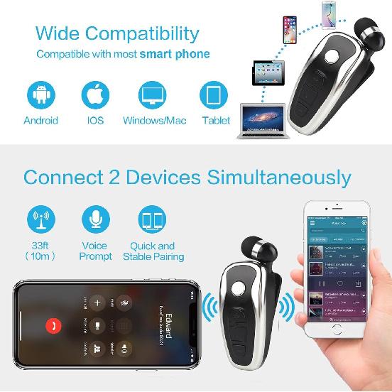 Retractable Wireless Headphone Headset Stereo Earphone lightweight V5.0 Noise Cancelling Mic Clip on Earpiece workout Sports running Business Trucker