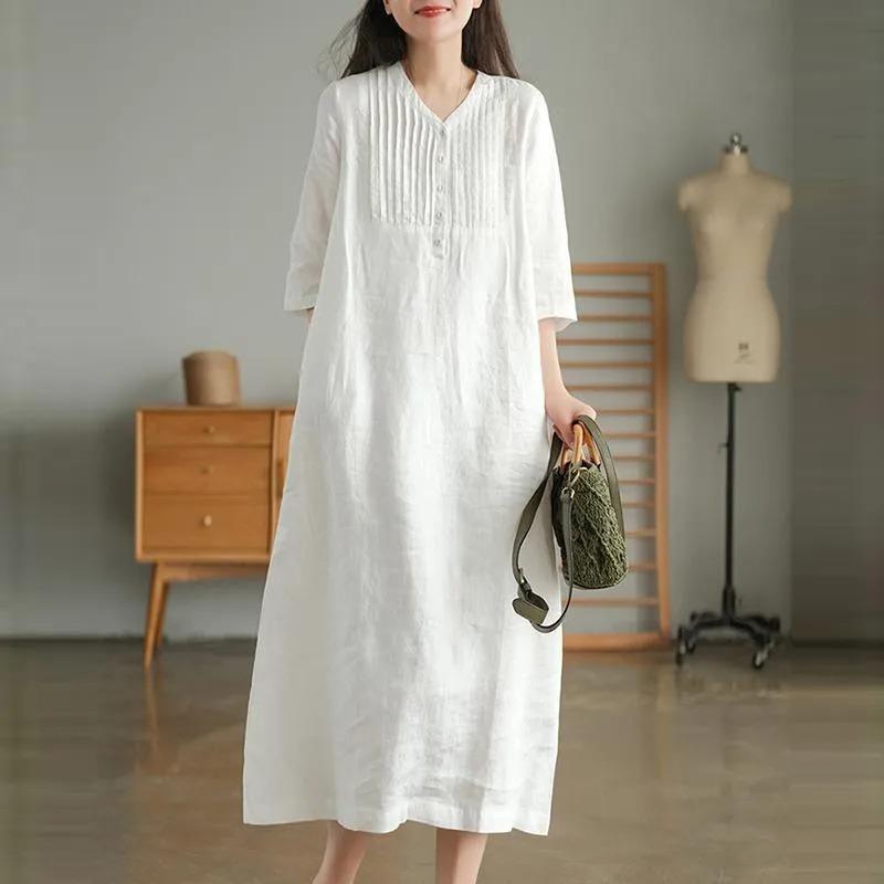 Women Summer Casual Dress Vintage V Neck Solid Color Loose Female Cotton Linen Long Dresses