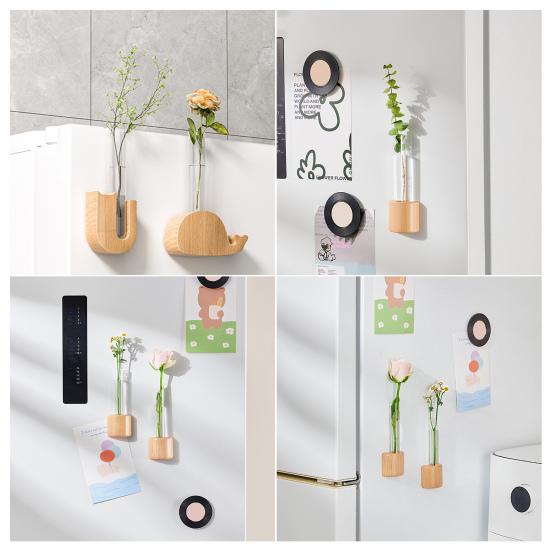 Fridge Magnet Vase Clear Glass Tube Vase with Wooden Base Magnetic Mini Vase for Flowers Herbs Refrigerator Kitchen Decor