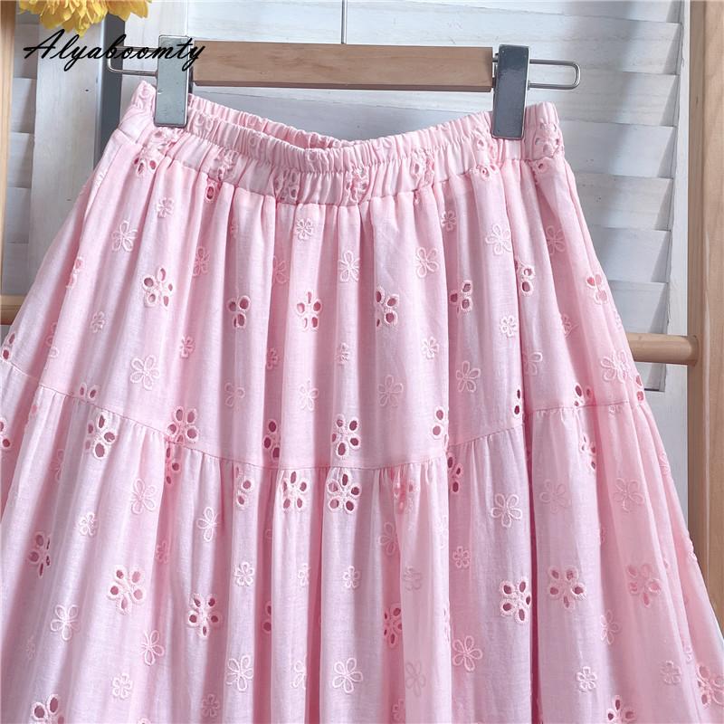 Mori Girl Spring Summer Women Pink Midi Skirt Elastic Waist Embroidery Sweet Chic Skirt Hollow Out Elegant Feminine Skirts