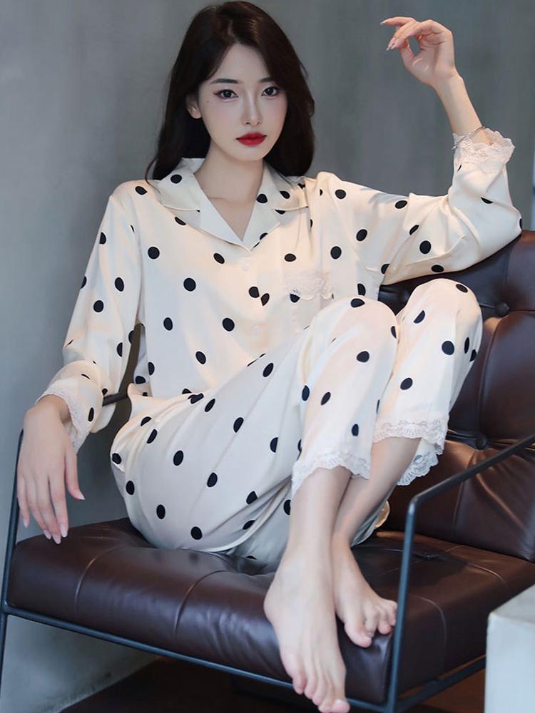 

Women s Mulberry Silk Polka Dot Pajamas - Long-Sleeved, Lightweight Loungewear for Spring, Summer, and Autumn 2023. M