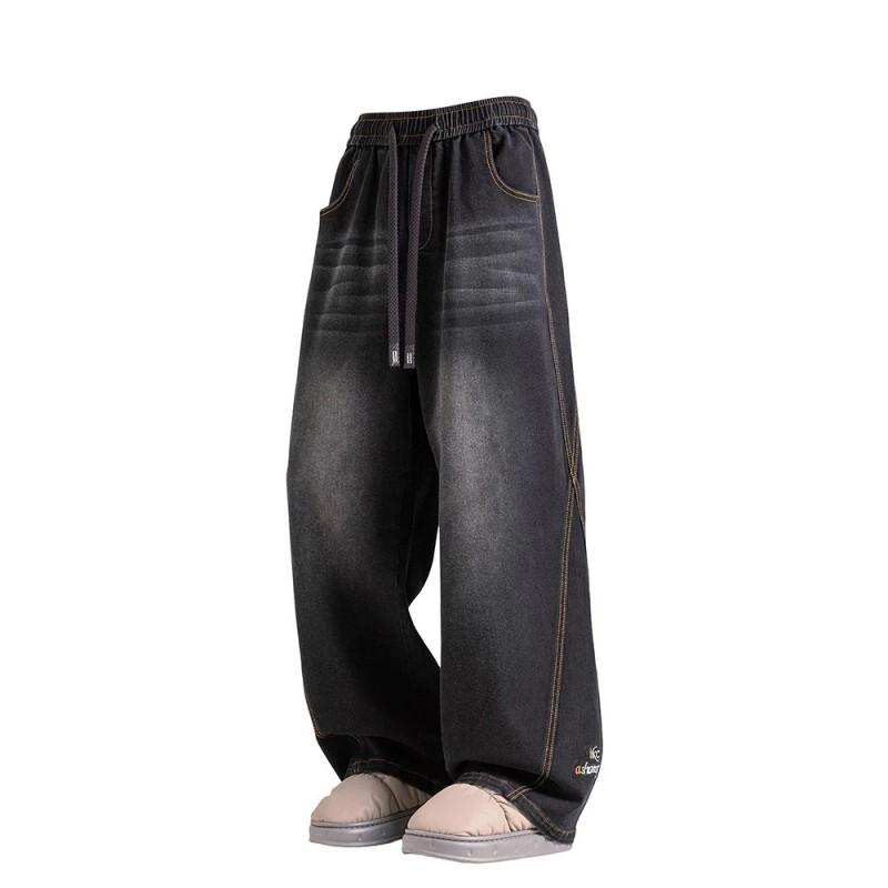 Plus Size Mens Jeans Design Fashion Embroidered Hem Heavyweight Casual Straight Leg Denim Pants