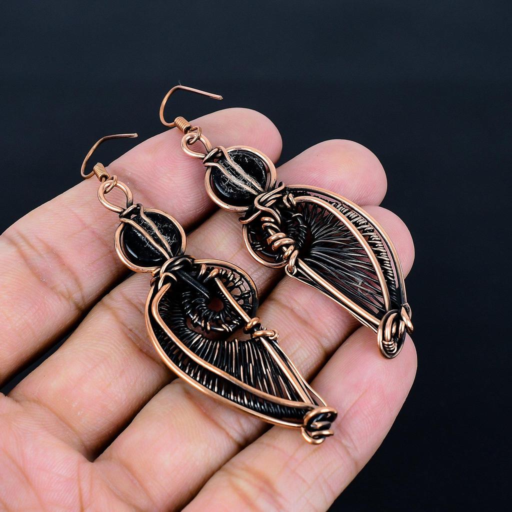 Black Onyx Handmade Gemstone Earrings, 999 Copper Wire Wrapped Earrings Antique Jewelry, For Engagement Gift