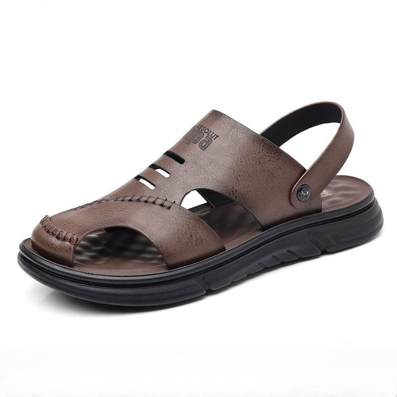 

Новые мужские сандалии Верх из коровьей кожи Платформа Мягкая стелька Накидные Закрытый носок Двойное использование Повседневные шлепанцы Городская прогулка Пляжные сандалии Сандалии 38