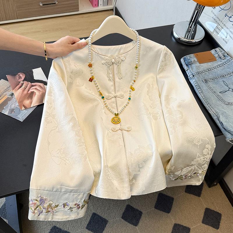 Spring Retro Chinese Zen Embroidered Frog Button Long Sleeve Jacket Top for Women L