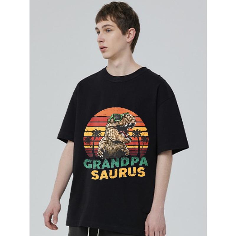 Crewneck T Shirt Black Dinosaur With Sunglasses And Palm Trees Sunset Background Grandpa Saurus Text Summer Beach Casual Wear