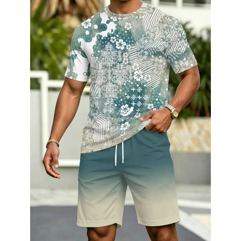 Fashion Men's Casual Suit 3D Casual Color Printing Summer T-shirt Shorts Simple