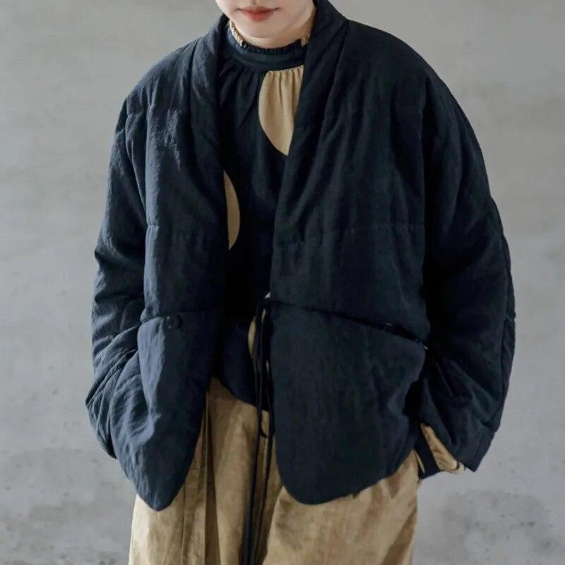 Johnature Dam Vintage Plus Bomullsparkas V-ringning Långärmad Enfärgad Kinesisk Stil Vinterrockar Knäppta Parkas