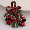 Vintage Christmas Bowknot Double Bells Brooch Pins with Green Leaves and Colorful Rhinestones Creative Gift Suit c Corsage for Women