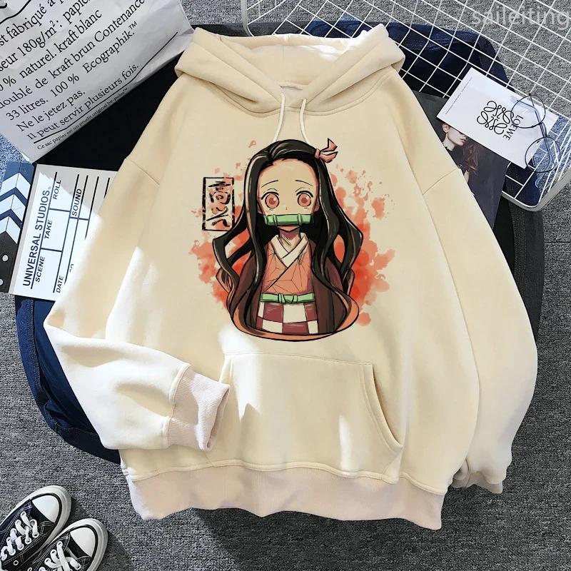 Japan Anime Demon Slayer Hoodies Japanese Casual Kangaroo Pocket Hoodie Harajuku Cartoon Manga Khaki Pullovers Aesthetic Clothes