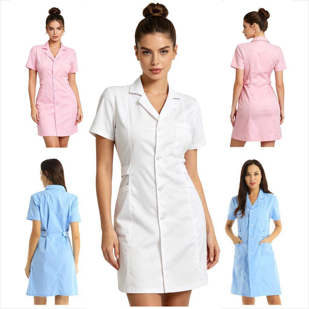 Short Sleeve Button Front Scrub Dress Women Adults S-XXL - Lapel Collar Solid Color Hospital Nurse Lab Coat Uniform