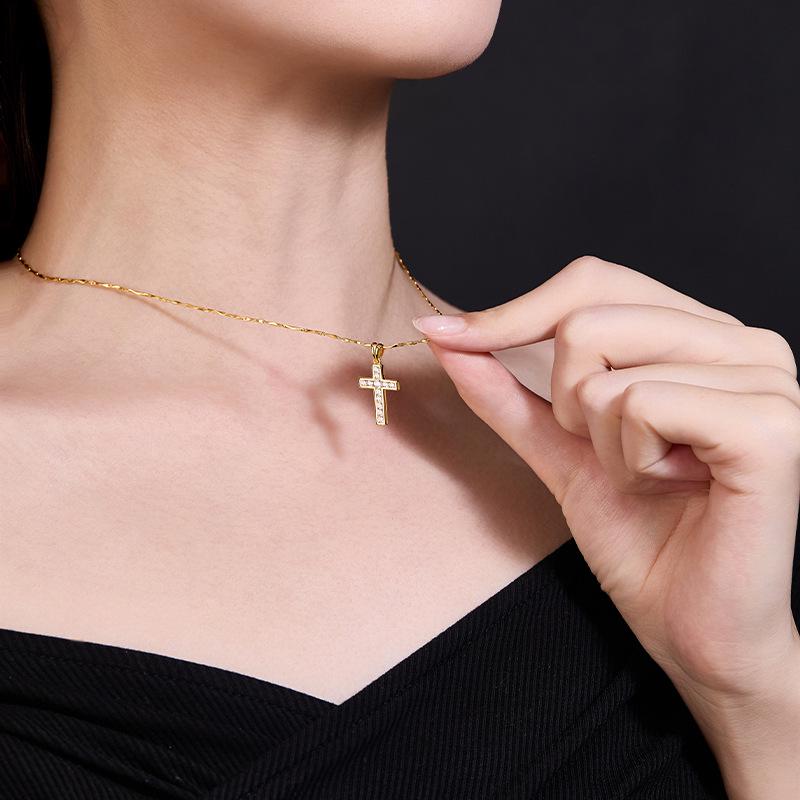 ANU Moissanite Cross Necklace: 2.5mm S925 Sterling Silver, 18K Gold Plated Pendant for Women