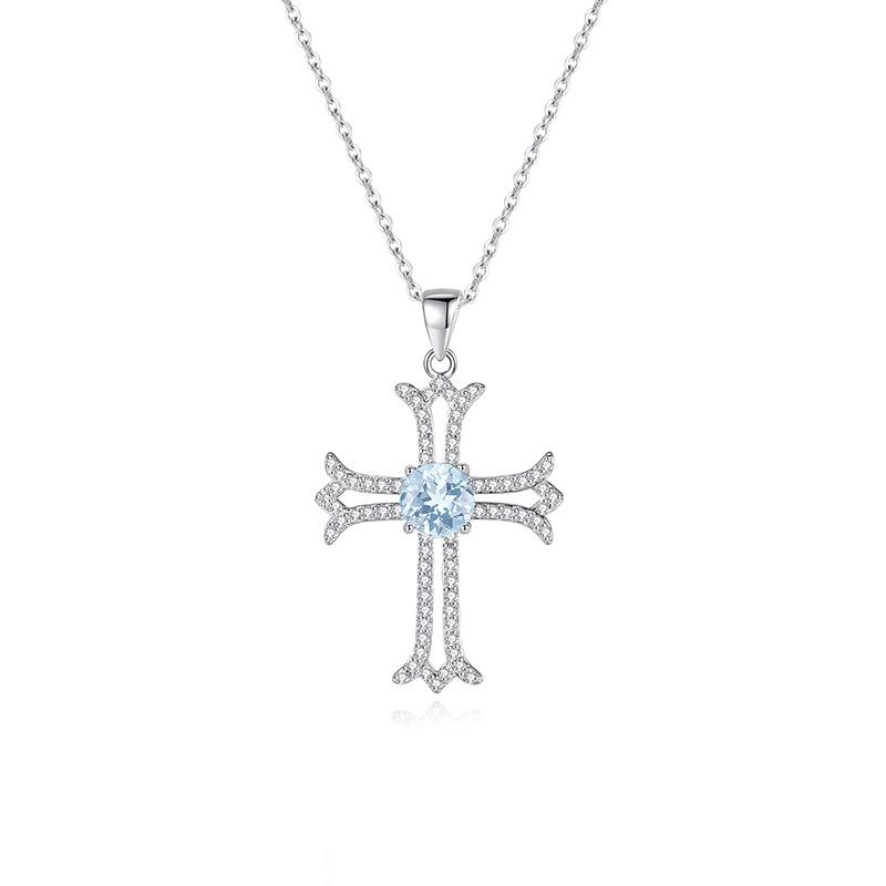 Gothic Cross Necklace European Style S925 Silver Inlaid Peridot Full Diamond Clavicle Chain 925 silver