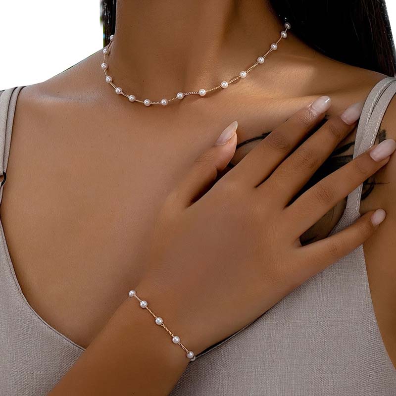 Kpop White Imitation Pearl Choker Necklace Bracelet Set For Women Vintage Silver Color Beaded Neck Chain Bridal Jewelry Gifts
