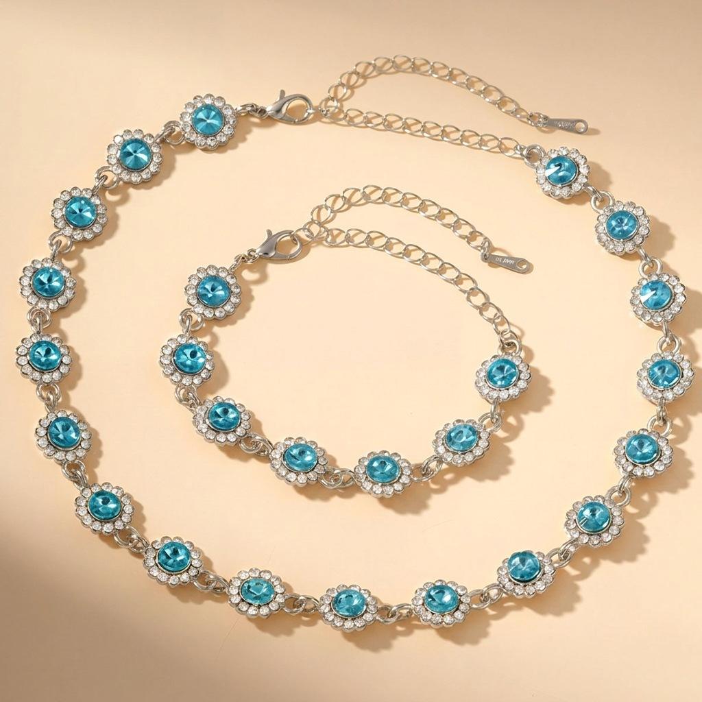 Colorful zircon necklace and bracelet two-piece set for women, fashionable and luxurious full-diamond jewelry set, decorative accessories for women