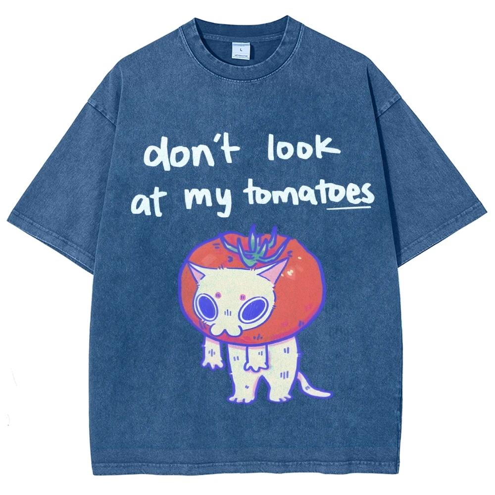 Funny Tomato Cat Print T-shirt Loose High-quality Washed Vintage Casual Trendy Short Sleeve for Men and Women