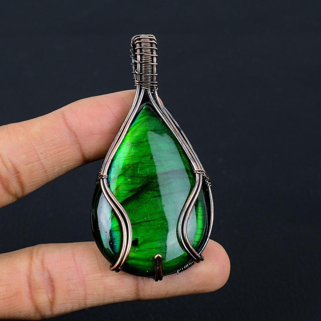 Natural Green Labradorite Gemstone Copper Wire Wrap Gift Pendant 2.75" O4m12