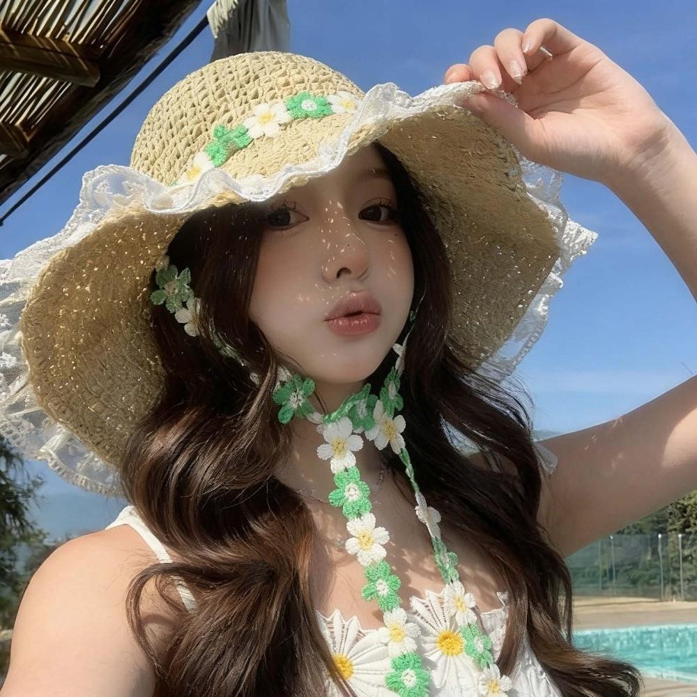 Breathable Flower Straw Hat Lace Trim Beach Hat Women Visor Bucket Hat  Seaside Vacation