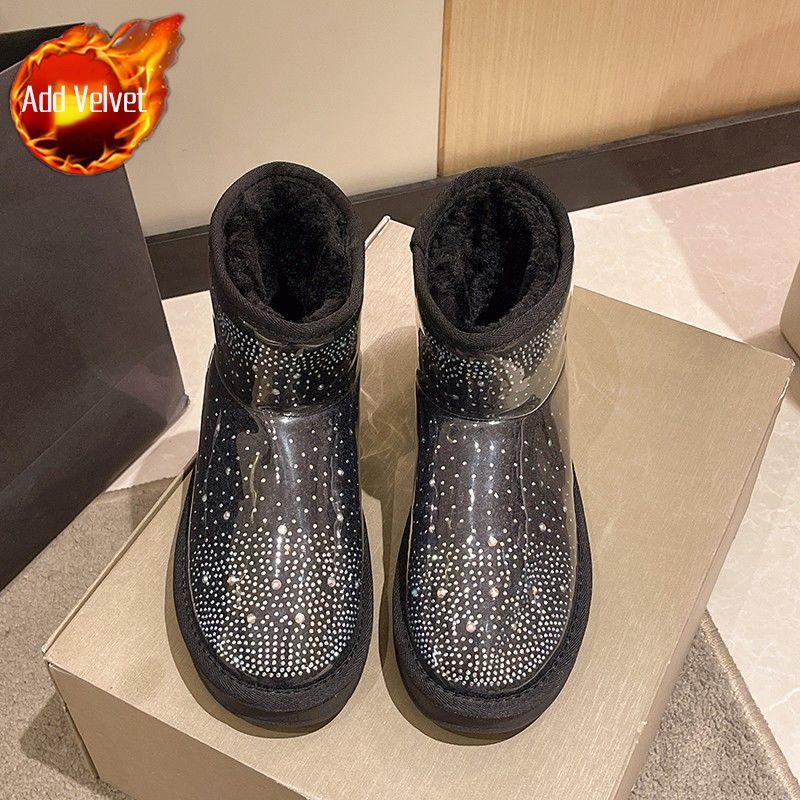 Botines de felpa impermeables con pedrería de moda, botas de nieve de plataforma de invierno para mujer, góticas, cálidas, para trabajo, antideslizantes, chic y elegantes, zapatos Y2k para mujer