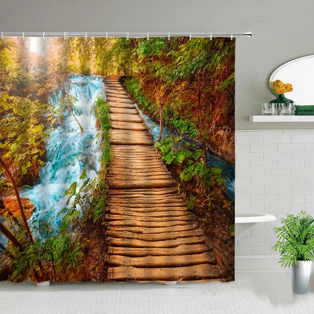 

Chinese Style Forest Wooden Bridge Theme Shower Curtain Set Spring Scenery Natural Landscape 3D Printed Waterproof Bath Curtains W60H190(CM)-1 Pcs