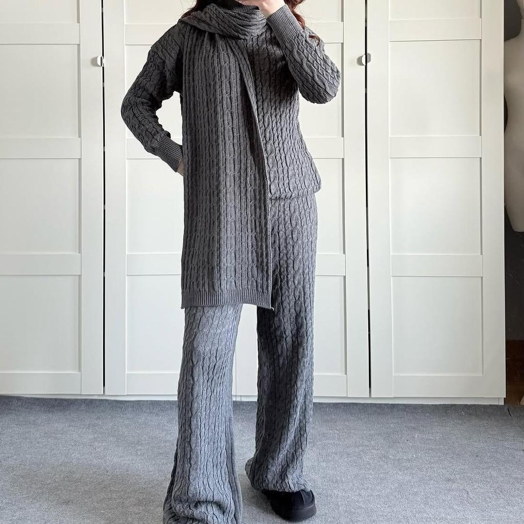 2025 Autumn/Winter High Neck Cozy Scarf-Top Sweater and Long Pants Set