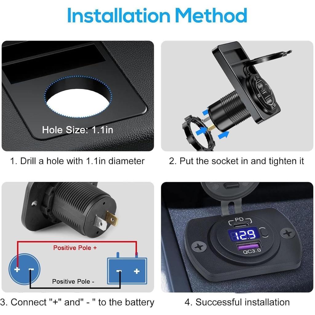12V USB Outlet, 30W PD Port & 18W QC3.0 USB A Port Charger Socket with Button & LED Voltmeter for Car Boat Motorcycle RV