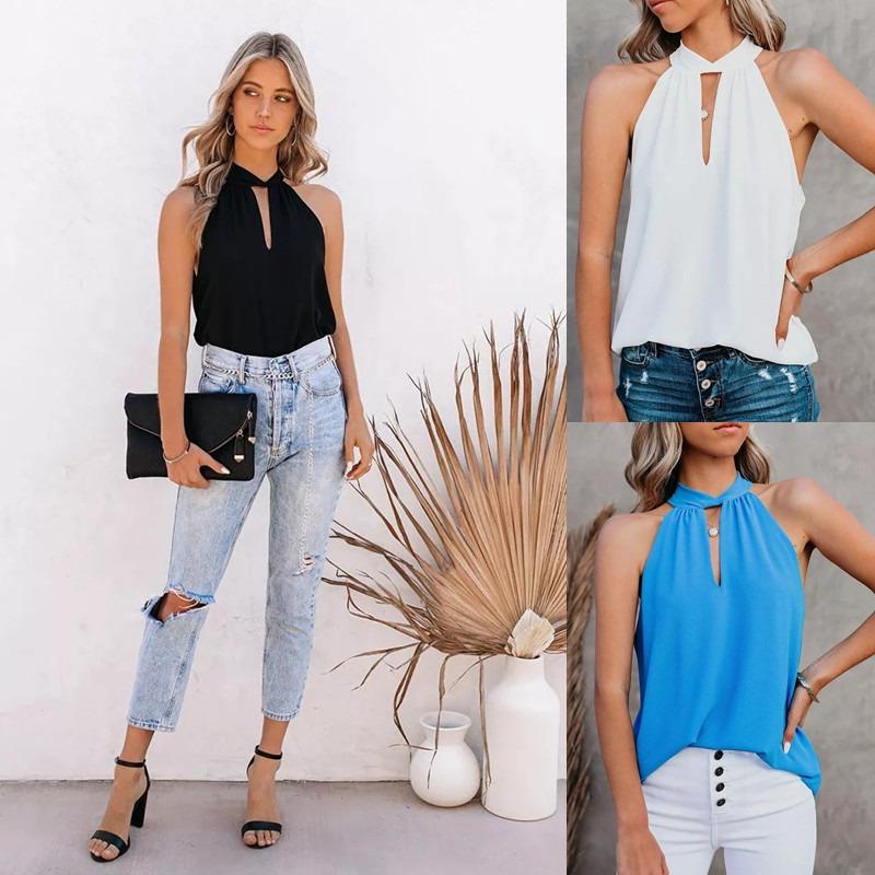 Summer New Solid Color Sleeveless Strappy Round Neck Top Women's Vest