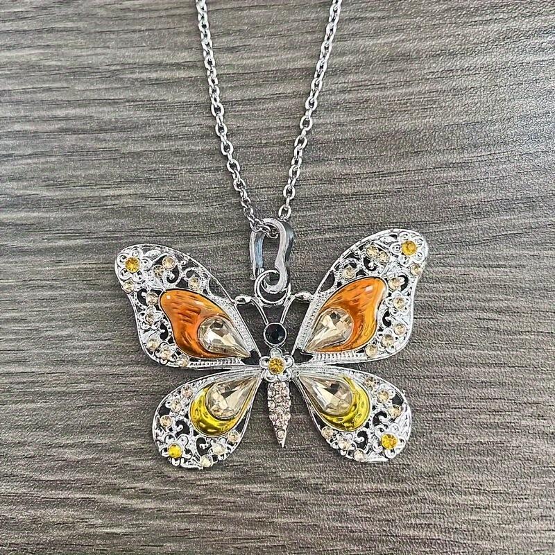 Retro Multicolor Rhinestones Butterfly Pendant Necklace Silver Plated Jewelry