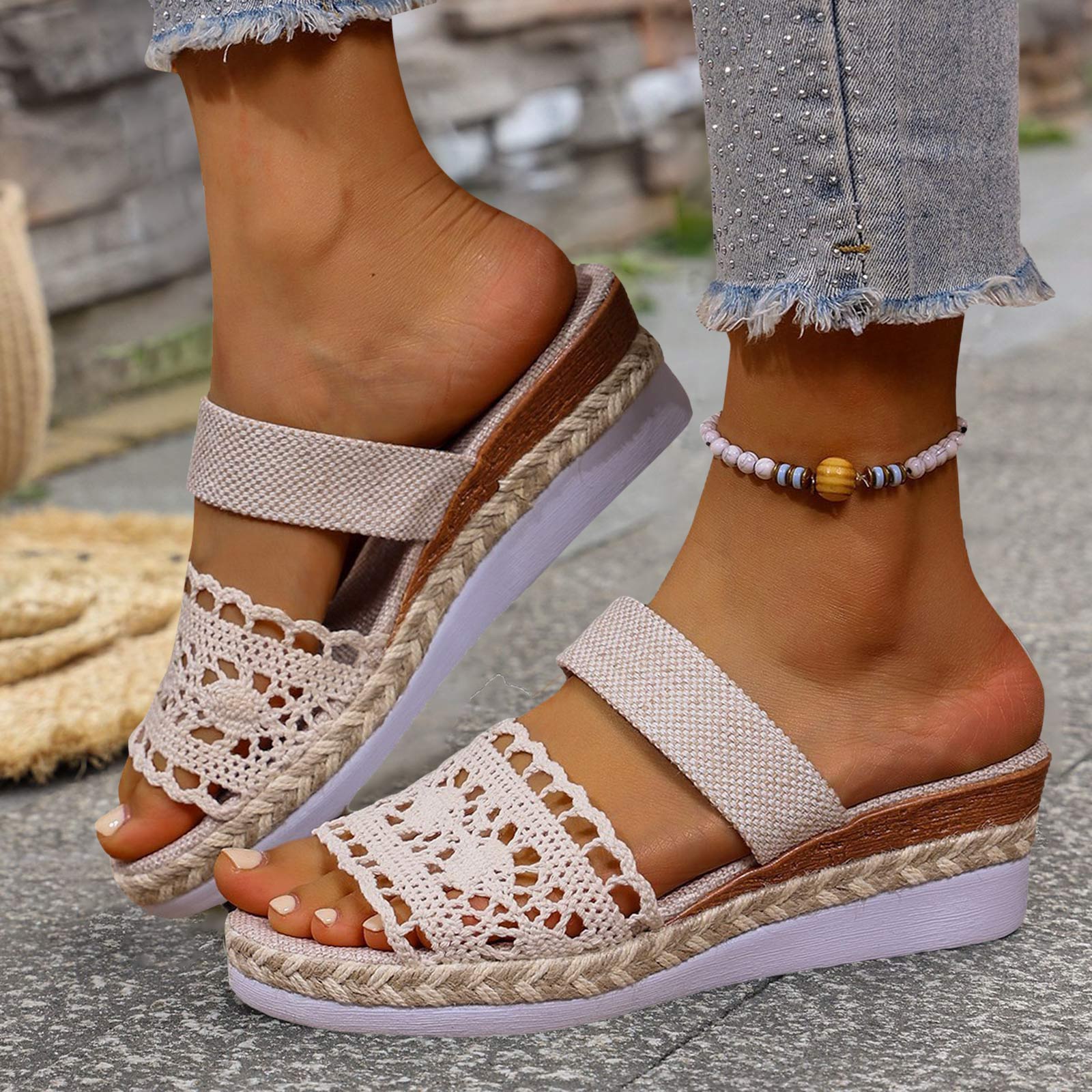 Women S Sandals Bohemian Sandals Wedge Sandals Ethnic Sandals Openwork Wedge Two Strap Sandals Women Rubber Womens Wide Sandals 37 бежевый 3740₽