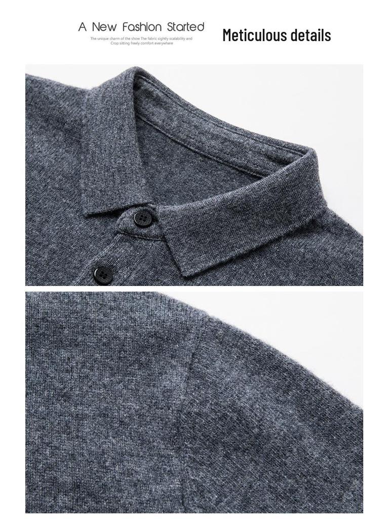 Men's 100% Pure Wool 9-Pin Lapel Sweater, 430g Thickened Base Layer for Middle-Aged Business Casual, Plain Knit.