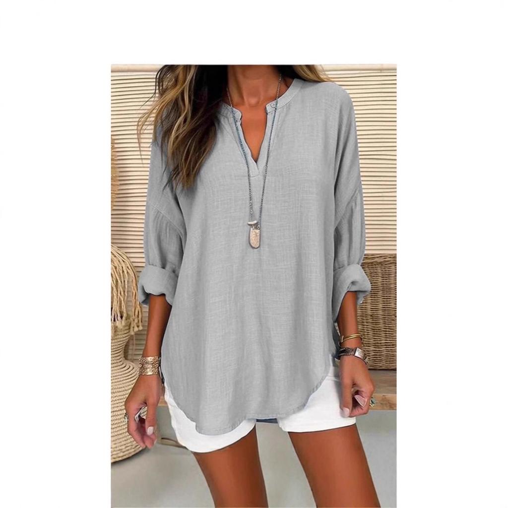 Women's Henley V Neck Long Sleeve Loose Solid Linen Blend Tunic Top Plus Size Casual Blouse