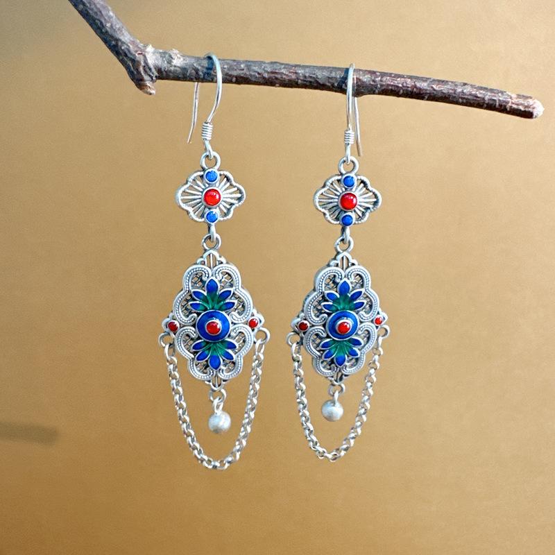 

S925 Silver Enamel Color Flower Fringed Earrings Retro Ethnic Style Exquisite Antique Temperament Handmade Hollow Earrings