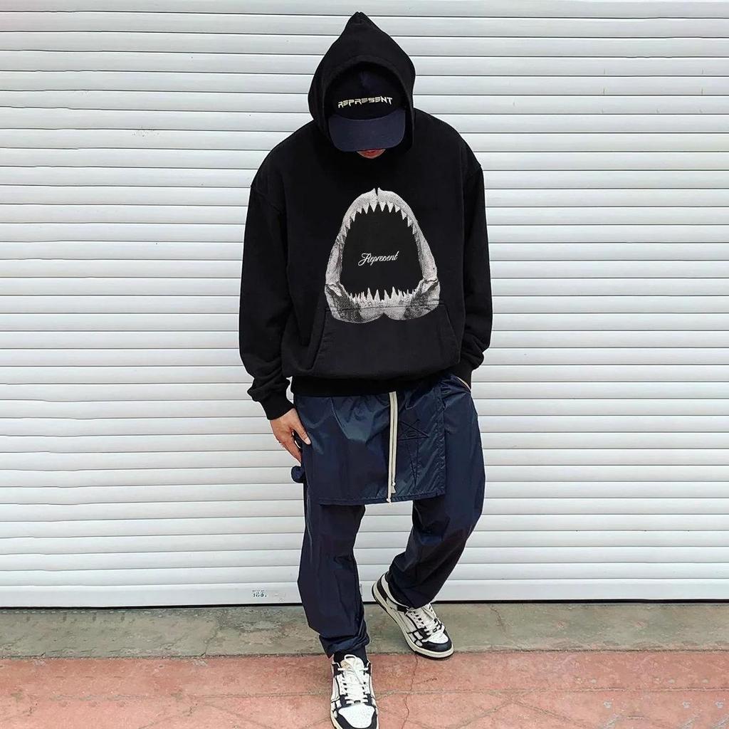 Megalodon Vintage Distressed Cotton Hoodie - Trendy High Street Style, Casual Loose Fit