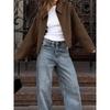 2024 Fall Winter Fashion Women's Outwear Lapel Long Sleeve Top Zipper Brown Women's Clothing Pure Color Thick Street