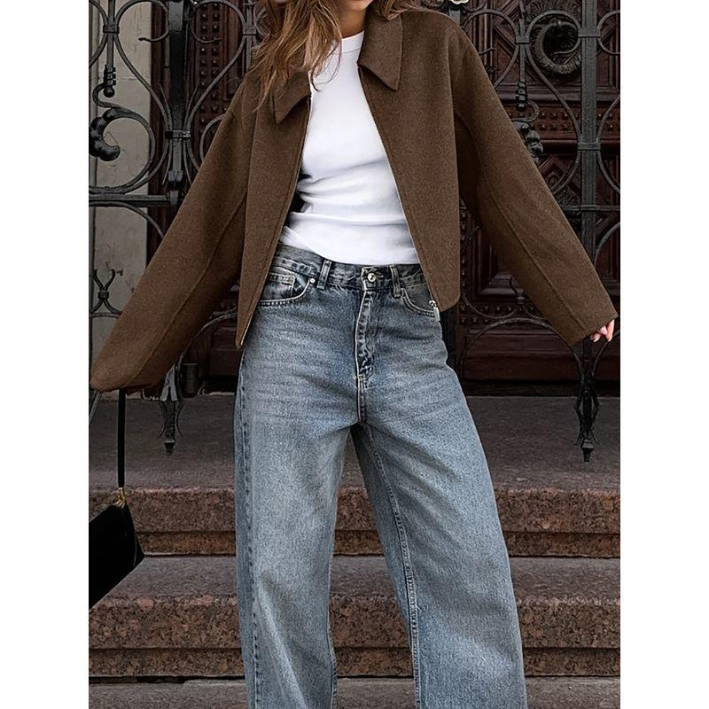 2024 Fall Winter Fashion Women's Outwear Lapel Long Sleeve Top Zipper Brown Women's Clothing Pure Color Thick Street