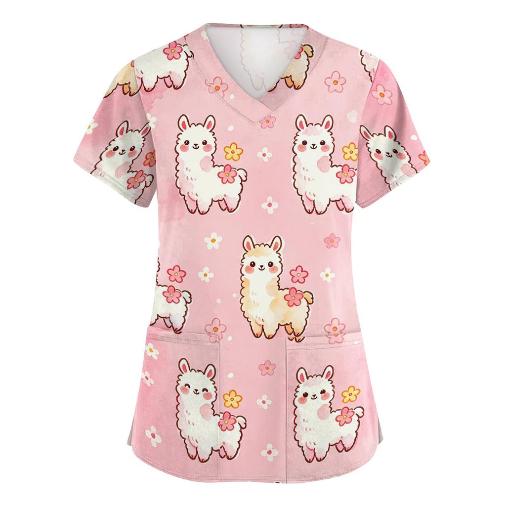 Women's V Neck Short Sleeve Work Top with Pockets Animal Print Medical Uniform Scrub Shirt for Healthcare Professionals Nursing Staff