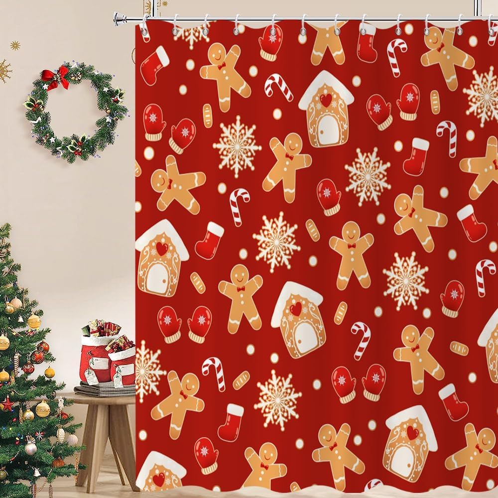 Pink Christmas Shower Curtain, Xmas Cartoon Cute Gingerbread Man House Snowflake Winter New Holiday Bathroom Curtain Waterproof
