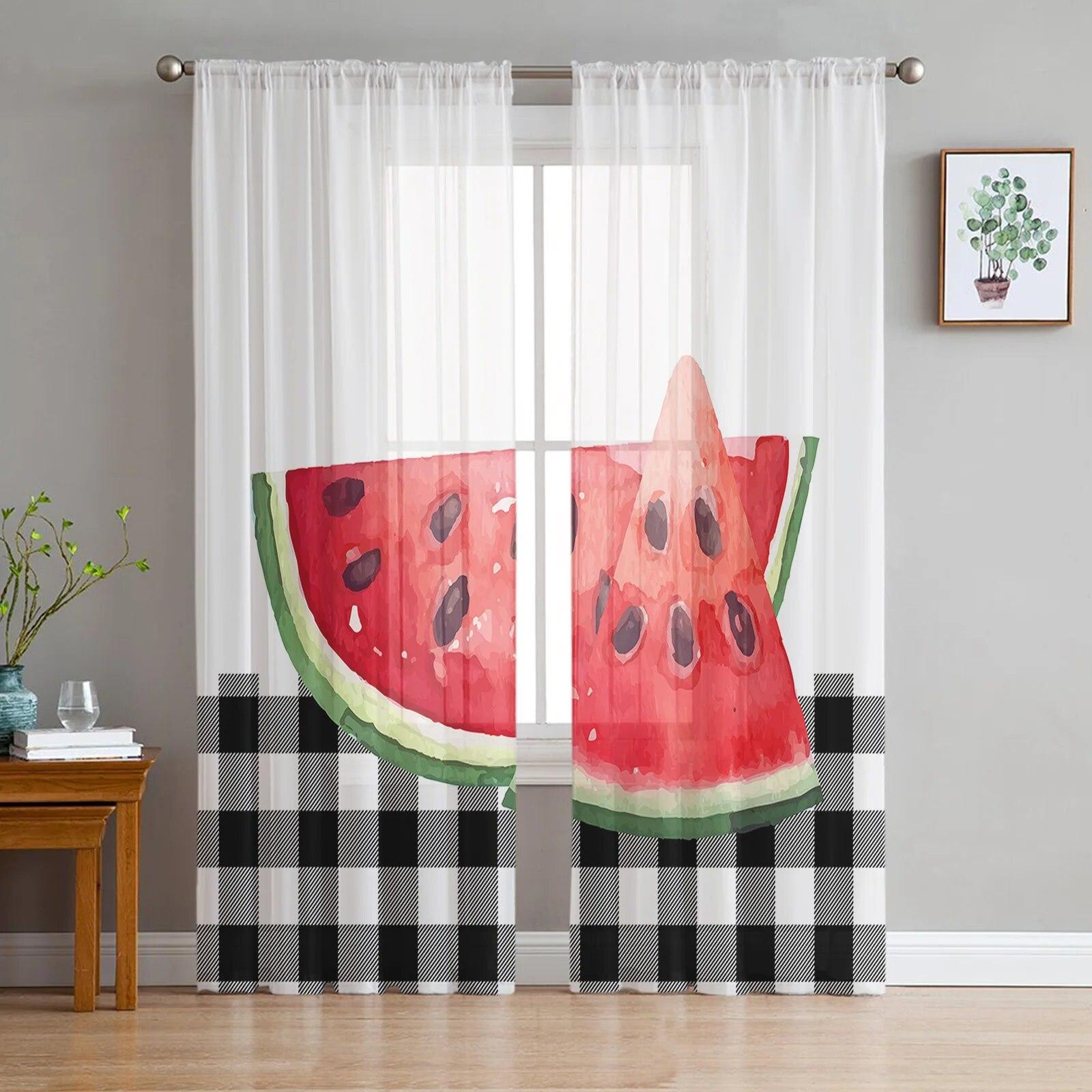 

Прозрачная занавеска с изображением арбуза и фруктов для спальни, тюль-вуаль, занавеска для кухни, гостиной, декор, обработка окна 135W x 114H(cm)