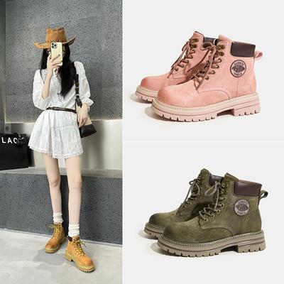 Frühling neue Leder Dicksohlen erhöhend Martin Stiefel Damen Outdoor Sport und Freizeit vielseitige große gelbe Stiefel Damen Sommer