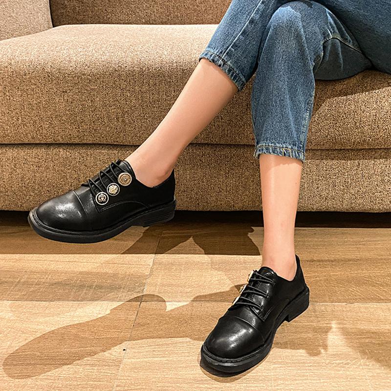 Sneakers Patchwork Leather Oxford Shoes Woman Thicken Soled Flats Medal Button Elastic Tied Loafers Femme Stiching Creepers