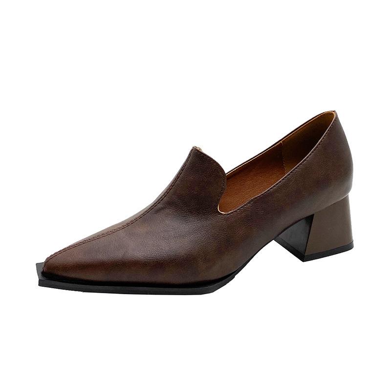 2025 new black commuter leather shoes women's soft leather high heels pointed thick heels single shoes retro high heels autumn