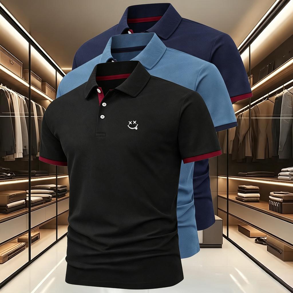 Men's 3Pack Set Short-Sleeve Polo Shirt with 3Button,2Tone Cuffs Moisture-Wicking Ideal for Golf, Commuting, and Casual Wear