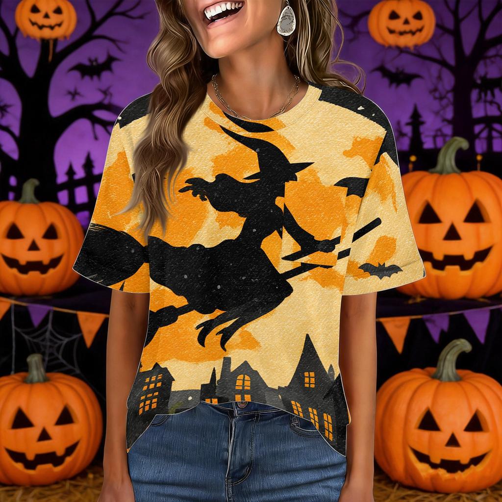 Women's Casual Short Sleeve Pullover Top Halloween Print Round Neck Pocket Design Loose Fit Comfortable T Shirt for Everyday Wear