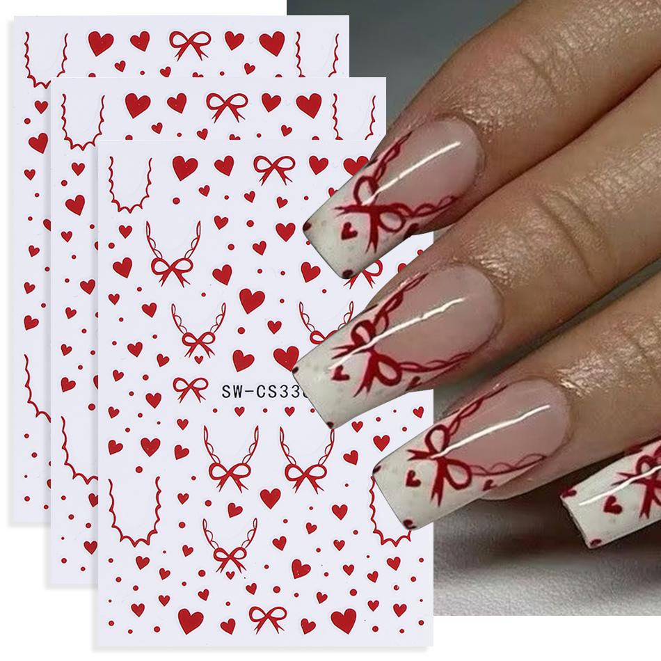 3pcs Valentine's Nail Stickers Red Love Lace Border Bow French Design Adhesive Nail Decal DIY Elegant Manicure Decoration