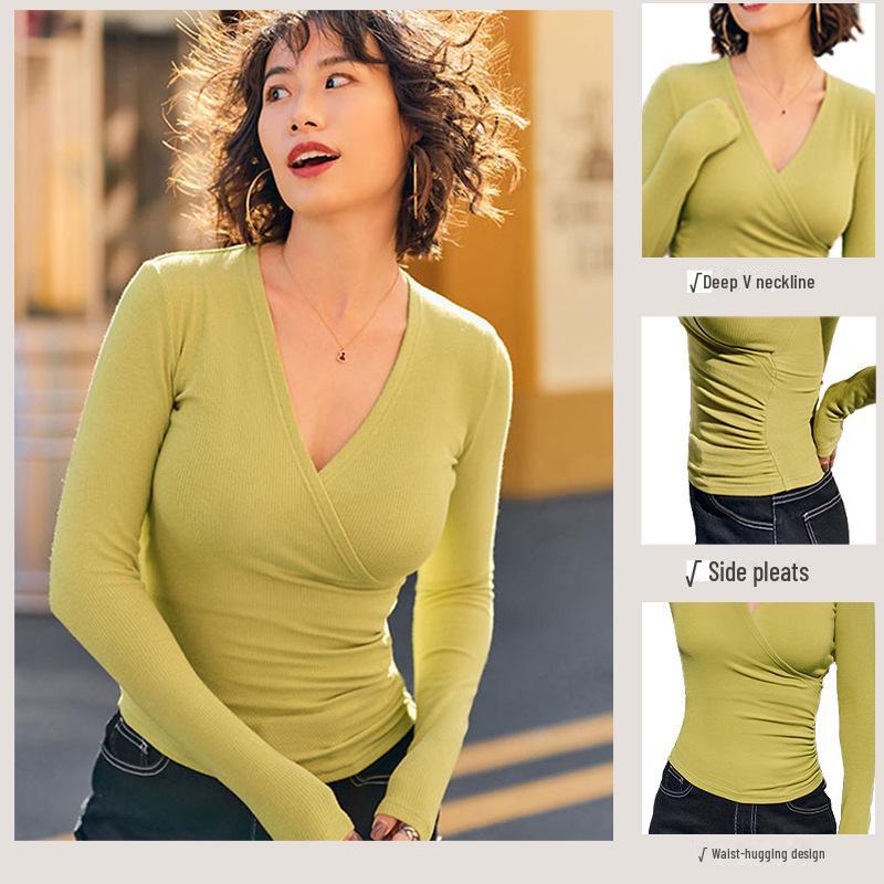 Φθινόπωρο/Χειμώνας V-Neck Πλισέ Στενή Εφαρμογή Μακρυμάνικο Top Γιόγκα