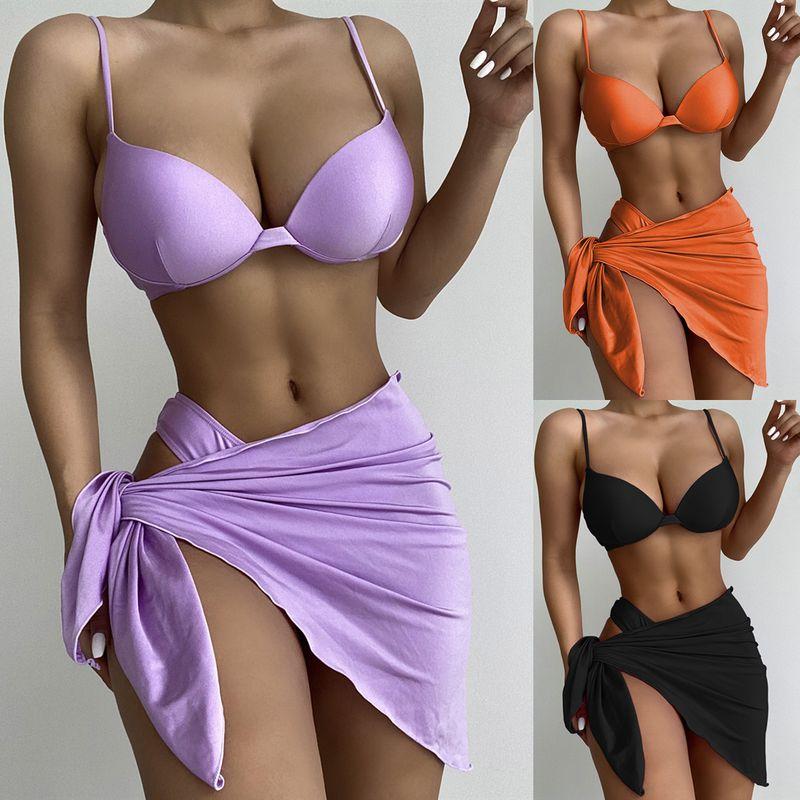 

3 Piece Push up Swim Suit Solid Bikini 3 Piece Swimsuit Pure Color Bikini purple S