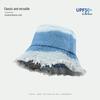 Japanese Retro Women's Denim Fisherman Bucket Hat, Distressed Sunshade for Larger Head, Face Slimming Sun Protection.