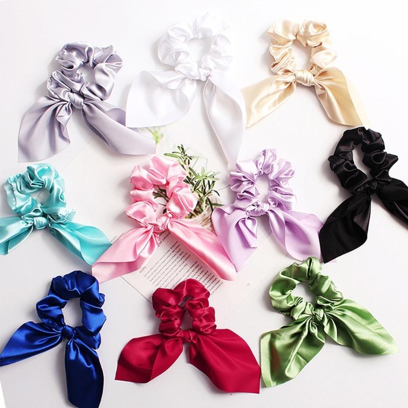 Solid Color  Satins Scrunchie With Bunnies Ears Design Soft Fabric Stretchy Hair Rope Accessories For Women Girls