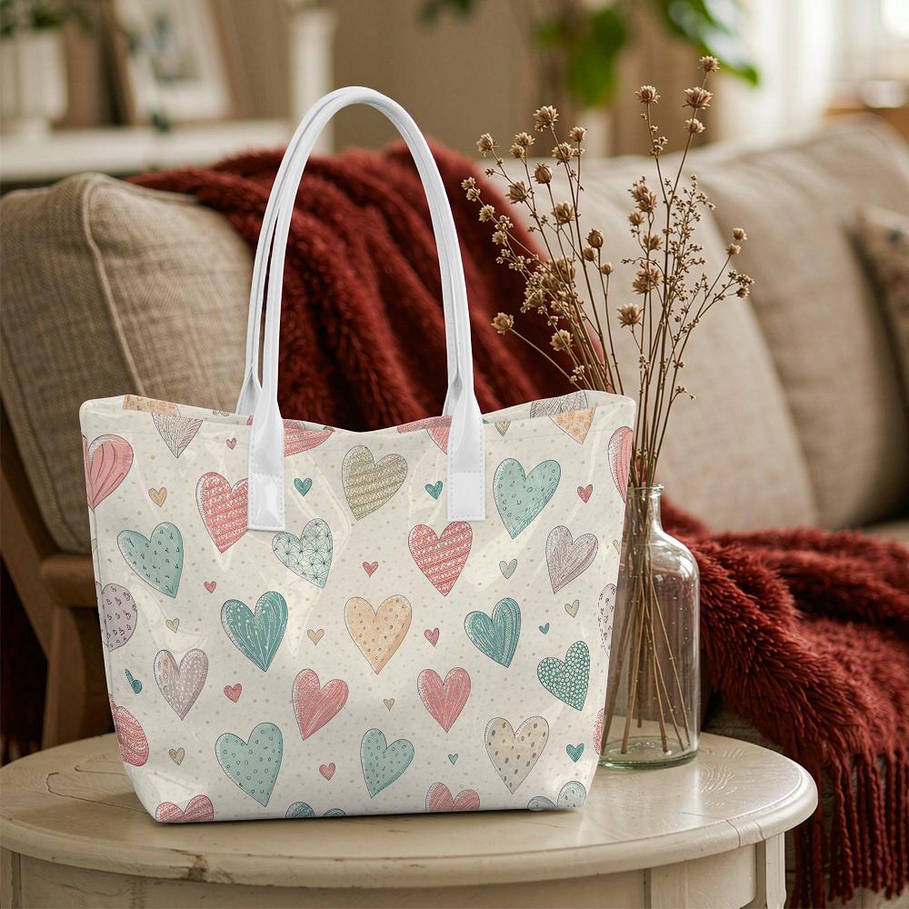 Cute Heart Printed Tote Bag Casual Lightweight Daily Shoulder Purse For Ladies Outdoor Shopping Handbag