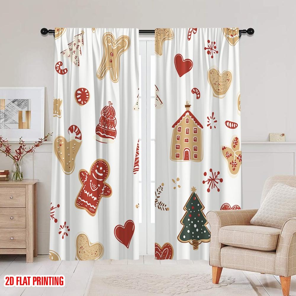 2pcs,2D plane printing Popular Curtains Christmas Cookies And Hot Chocolate (2) Versatile Polyester Fabric (without rod) Outdoor